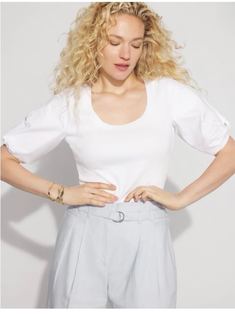 WHBM WHITE RIBBED POPLIN TWIST SLEEVE TOP